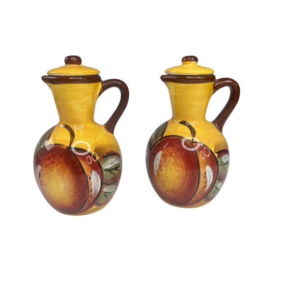 Ceramic Oil & Vinegar Cruet Set With Salt & Pepper Shakers Wooden Caddy Stand - Picture 4 of 11